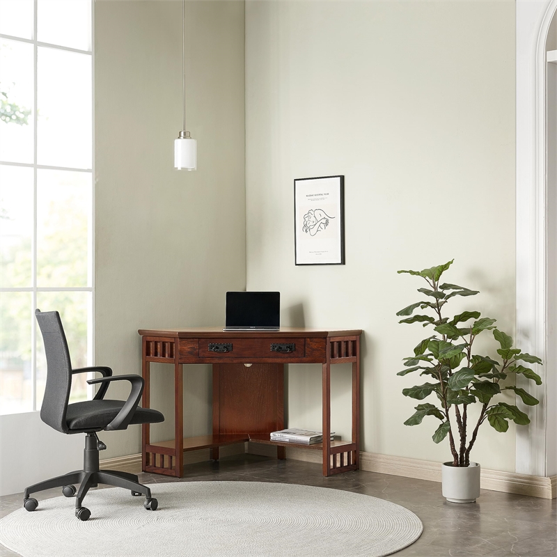 Maklaine Modern Traditional Corner Computer Desk in Mission Oak