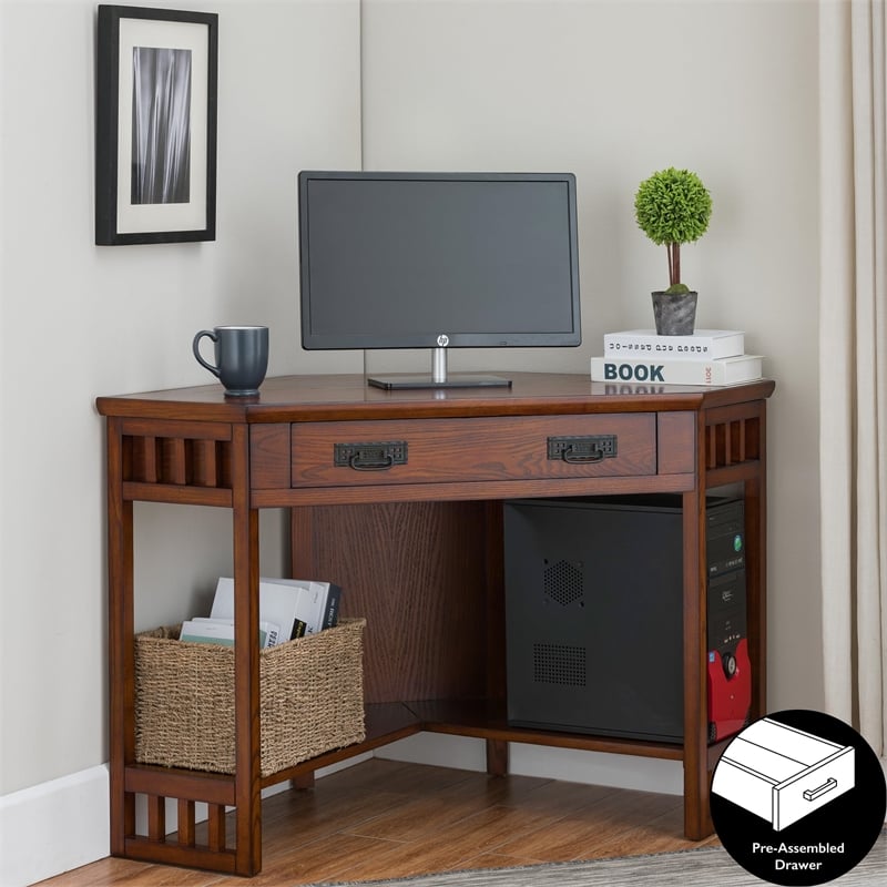 Maklaine Modern Traditional Corner Computer Desk in Mission Oak
