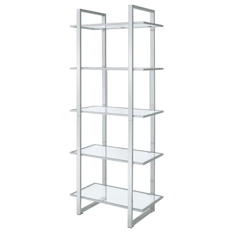 Maklaine Contemporary Rectangular Metal Bookcase with 5-Shelf in Chrome