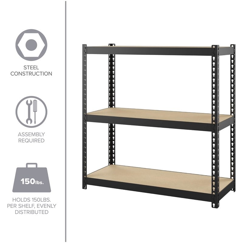 Maklaine Riveted Metal Shelving 3-Shelf Unit 12D x 30W x 30H Black