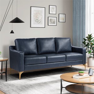 Maklaine Stationary Sofa in Navy Blue Faux Leather Upholstery