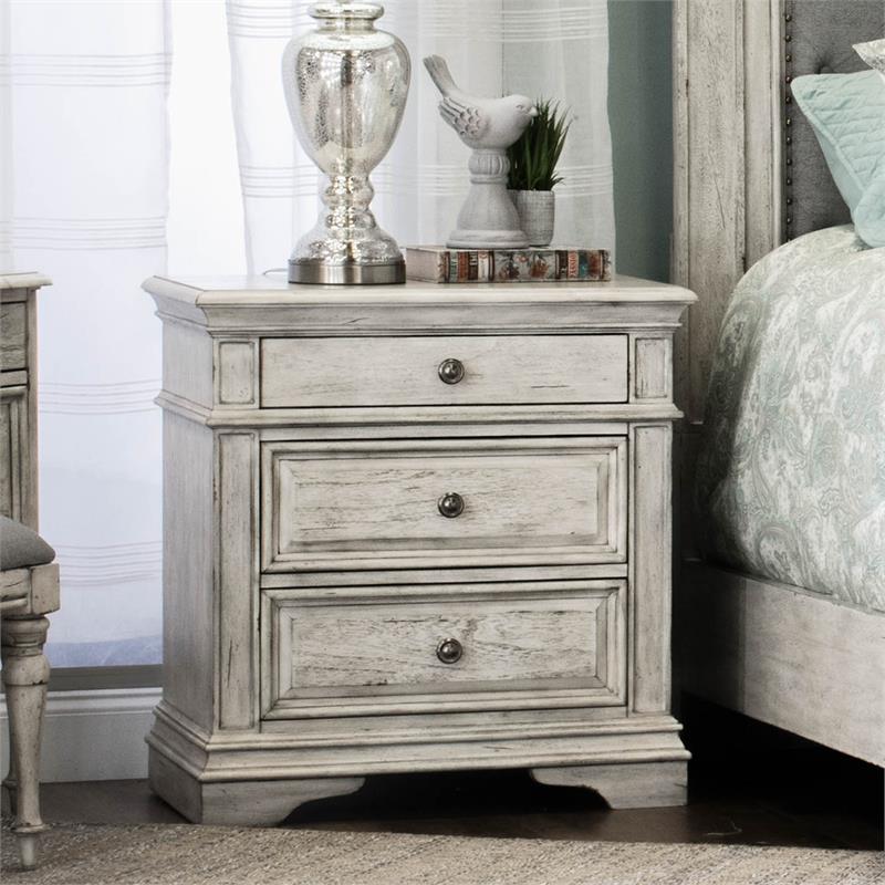 Maklaine Ivory Wood 3-Drawer Nightstand in Rustic White Finish