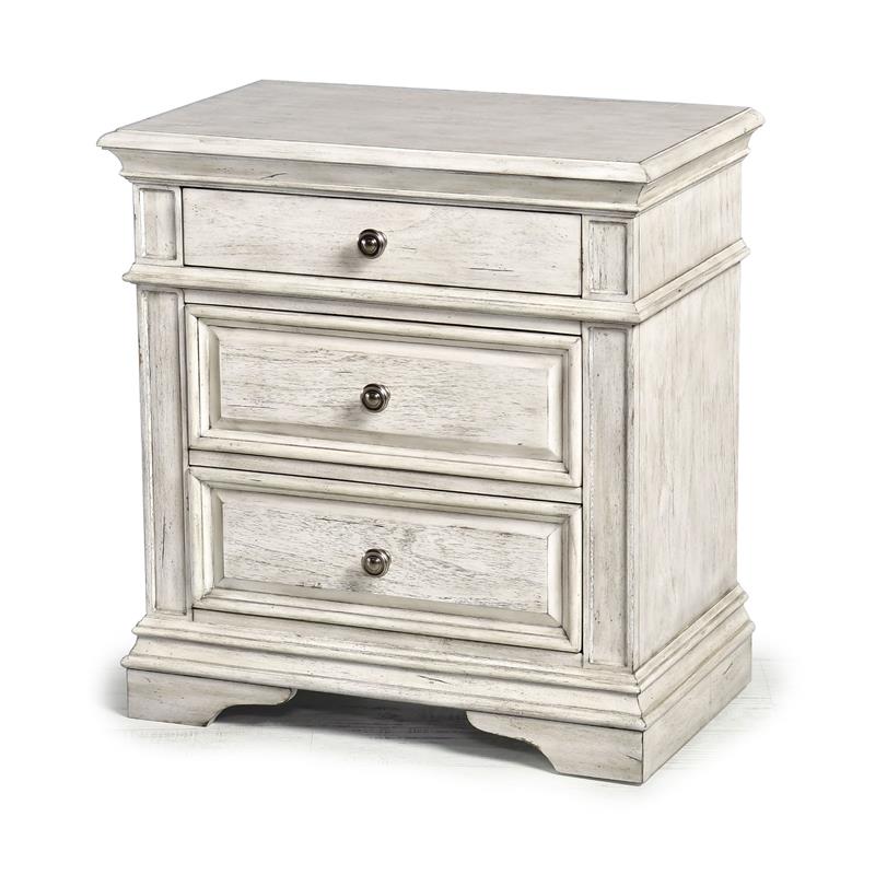 Maklaine Ivory Wood 3-Drawer Nightstand in Rustic White Finish