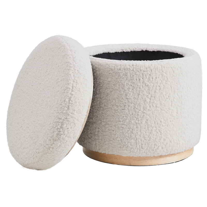 Maklaine Round Padded Storage Ottoman Light Wood Trim in Natural Sherpa Fabric