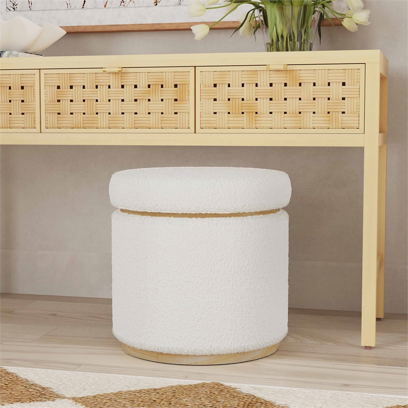 Maklaine Round Padded Storage Ottoman Light Wood Trim in Natural Sherpa Fabric
