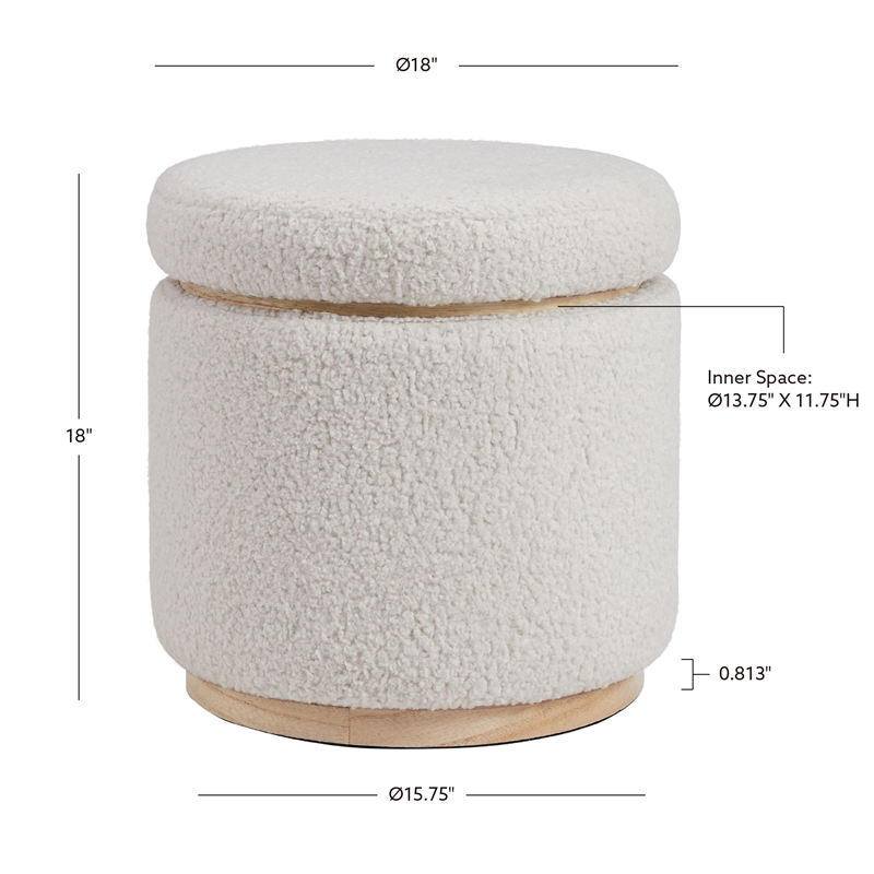 Maklaine Round Padded Storage Ottoman Light Wood Trim in Natural Sherpa Fabric