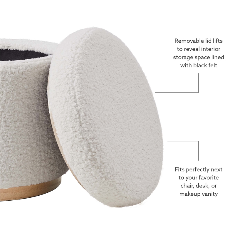 Maklaine Round Padded Storage Ottoman Light Wood Trim in Natural Sherpa Fabric