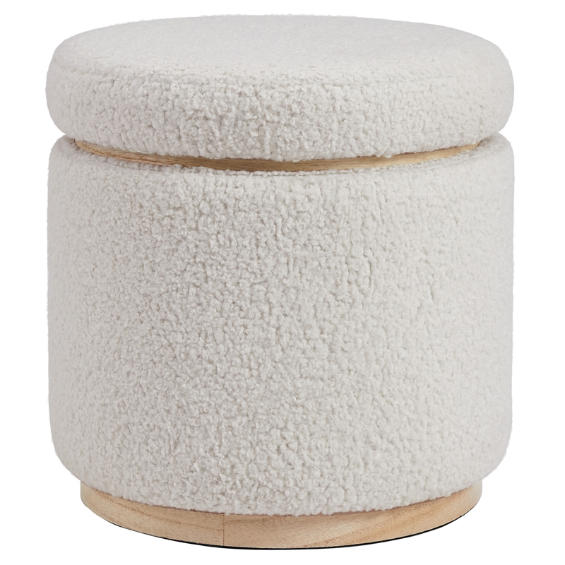 Maklaine Round Padded Storage Ottoman Light Wood Trim in Natural Sherpa Fabric