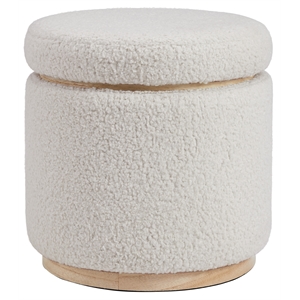Maklaine Round Padded Storage Ottoman Light Wood Trim in Natural Sherpa Fabric