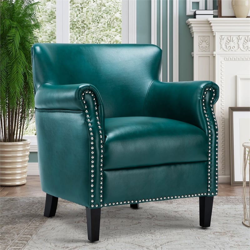 Maklaine Transitional Teal Green Faux Leather Club Accent Chair