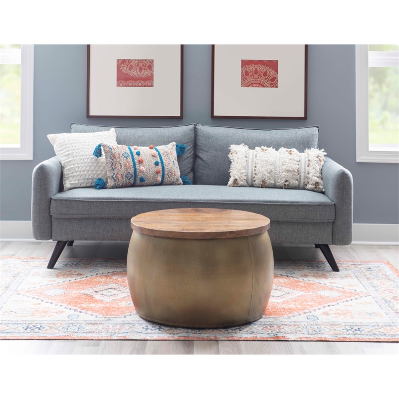 Maklaine Large Wood and Metal Drum Table with Storage in Brass