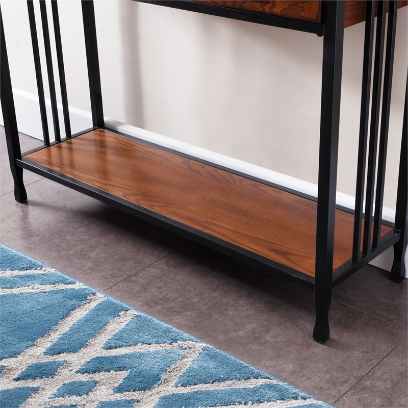 Maklaine Wood Industrial Console Table in Burnished Oak Finish