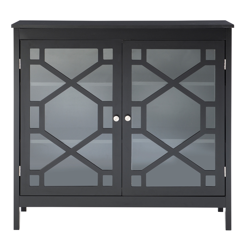 Maklaine Large Wood Cabinet with 2 Glass Paneled Doors and 3 Shelves in Black