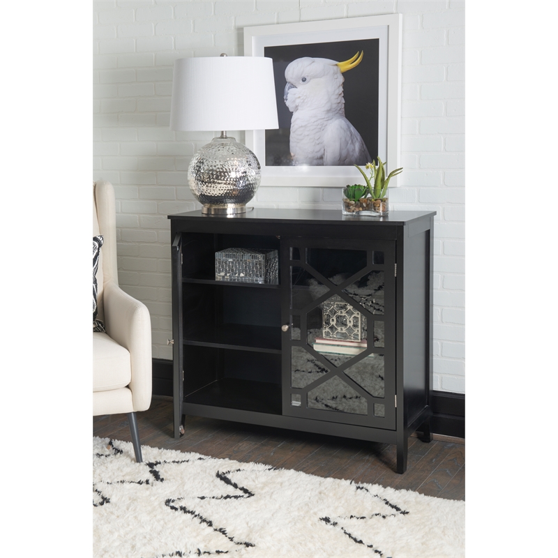 Maklaine Large Wood Cabinet with 2 Glass Paneled Doors and 3 Shelves in Black