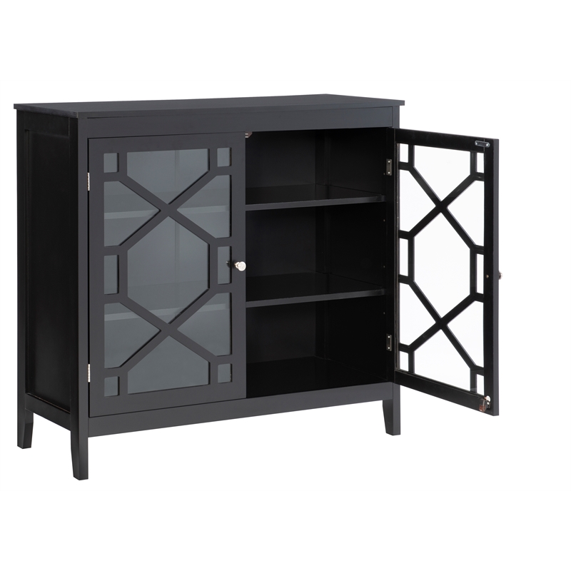 Maklaine Large Wood Cabinet with 2 Glass Paneled Doors and 3 Shelves in Black