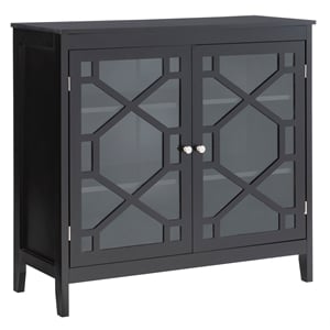 Maklaine Large Wood Cabinet with 2 Glass Paneled Doors and 3 Shelves in Black
