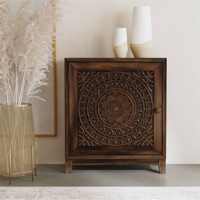 Maklaine Storage Accent Cabinet Carved Medallion in Dark Brown Finished Wood