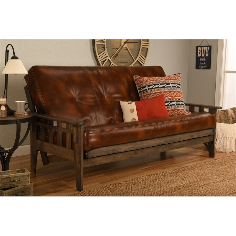 Maklaine Full-size Faux Leather Futon in Brown-Frame Not Included