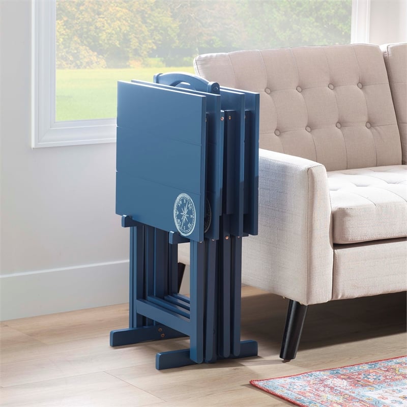 Maklaine 5 Piece Tray Table Set Planked Top Compass Design in Navy Blue Wood