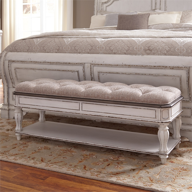 Maklaine Elegant Modern Farmhouse Chennile White Finish Bed Bench