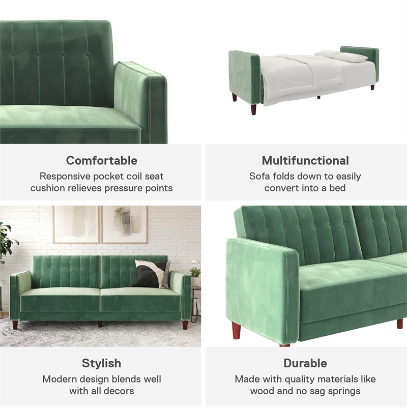 Maklaine Mid-Century Tufted Transitional Futon in Light Green Velvet