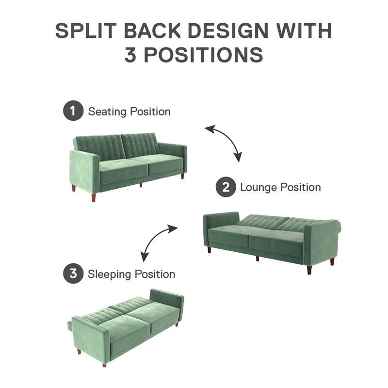 Maklaine Mid-Century Tufted Transitional Futon in Light Green Velvet