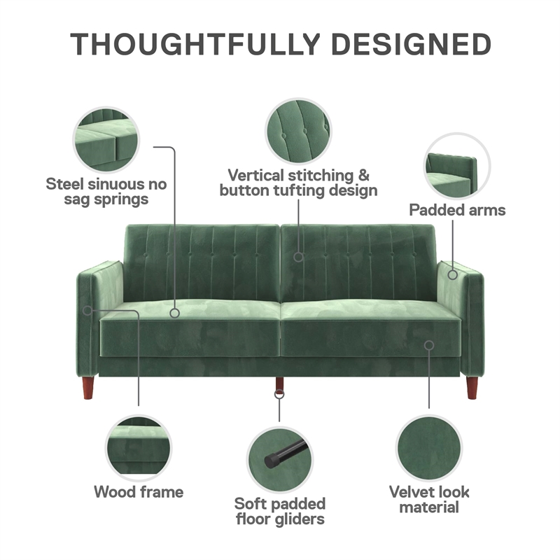 Maklaine Mid-Century Tufted Transitional Futon in Light Green Velvet