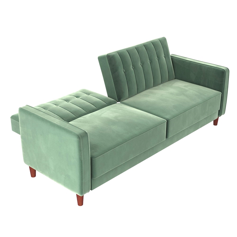 Maklaine Mid-Century Tufted Transitional Futon in Light Green Velvet
