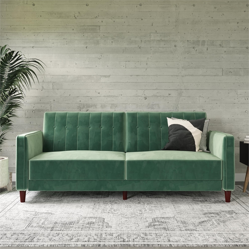 Maklaine Mid-Century Tufted Transitional Futon in Light Green Velvet