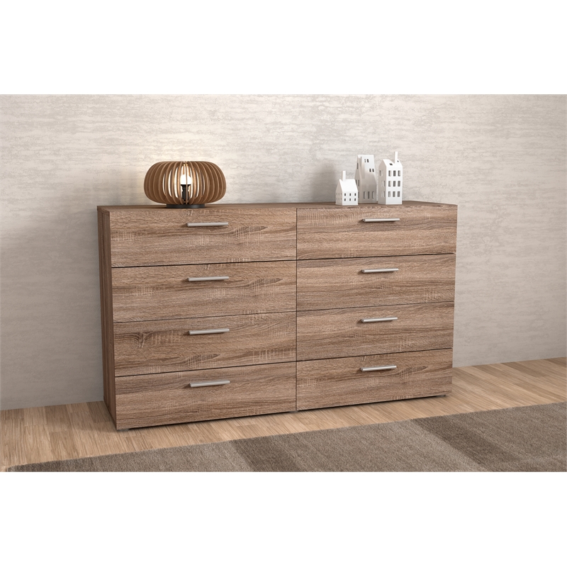 Maklaine Engineered Wood Contemporary 8 Drawer Double Dresser in Truffle