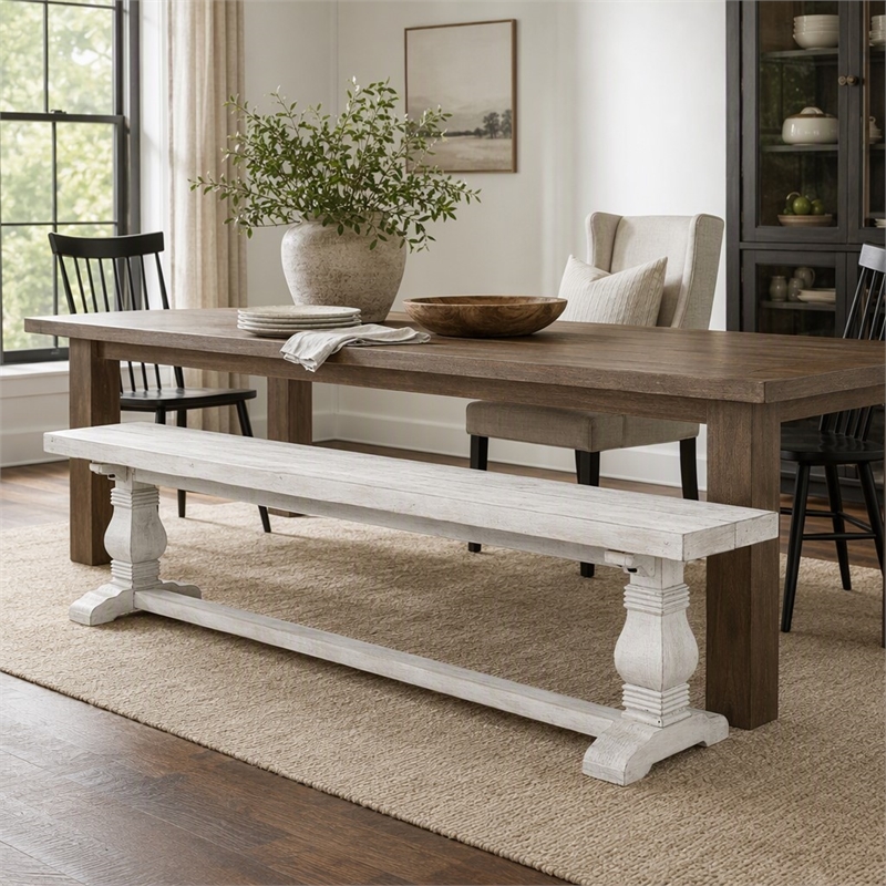 Maklaine Reclaimed Solid Pine Wood Nordic Ivory Bench Rectangular Hand Carved 83