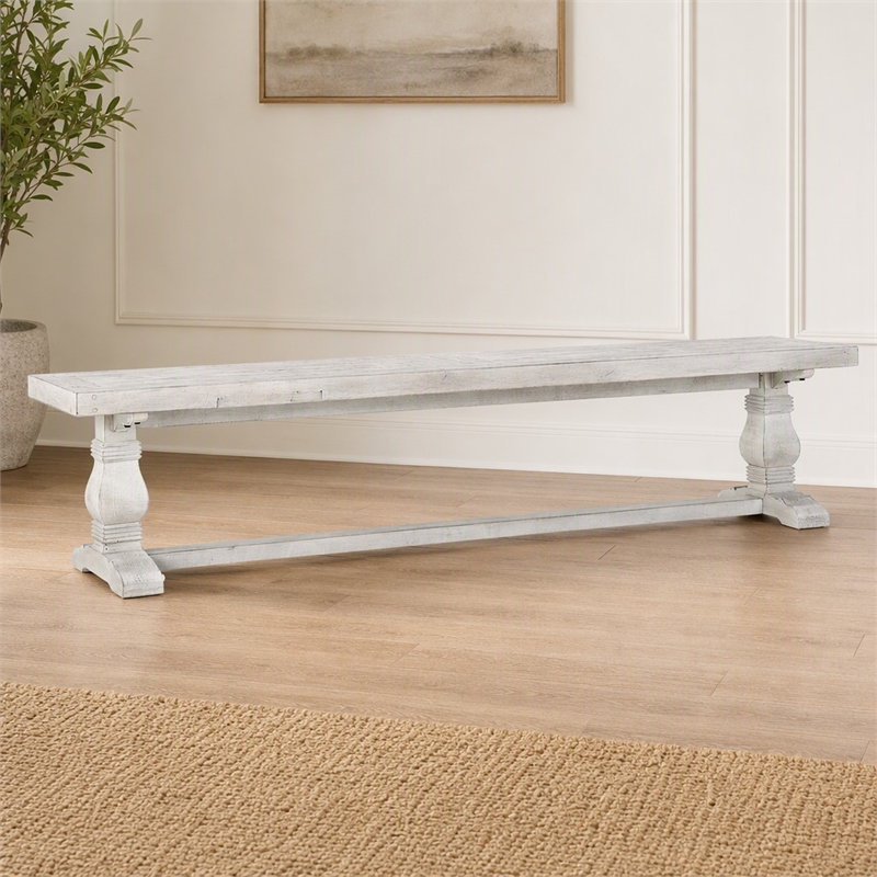 Maklaine Reclaimed Solid Pine Wood Nordic Ivory Bench Rectangular Hand Carved 83