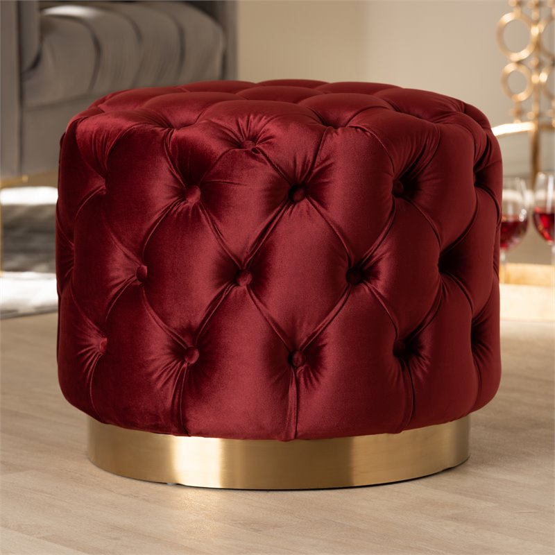 Maklaine Modern / Contemporary Tufted Velvet Ottoman in Red and Gold