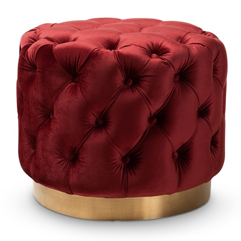 Maklaine Modern / Contemporary Tufted Velvet Ottoman in Red and Gold