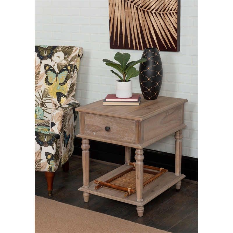 Maklaine Side Table with Drawer and Shelf in Rustic Natural Brown Wood