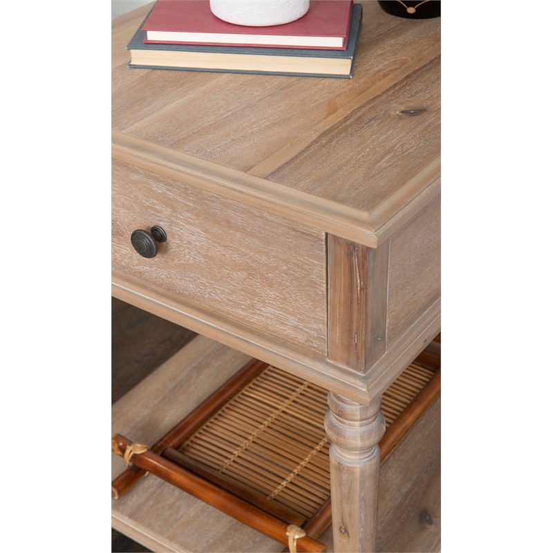 Maklaine Side Table with Drawer and Shelf in Rustic Natural Brown Wood