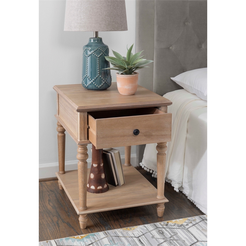 Maklaine Side Table with Drawer and Shelf in Rustic Natural Brown Wood