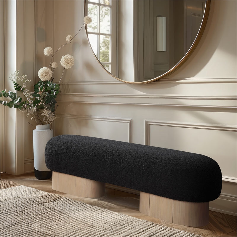 Maklaine Elegant Modern / Contemporary Black Boucle Fabric Bench