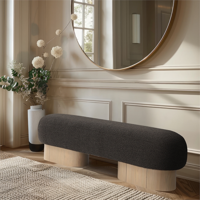 Maklaine Modern / Contemporary Brown Finish Boucle Fabric Bench