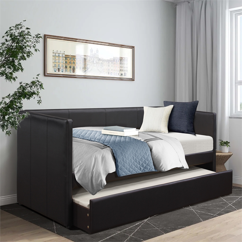 Maklaine Modern / Contemporary Faux Leather Daybed in Black Finish