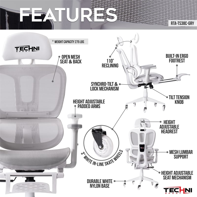 Maklaine Modern Sport Mesh Fabric Gaming Chair in White/Gray