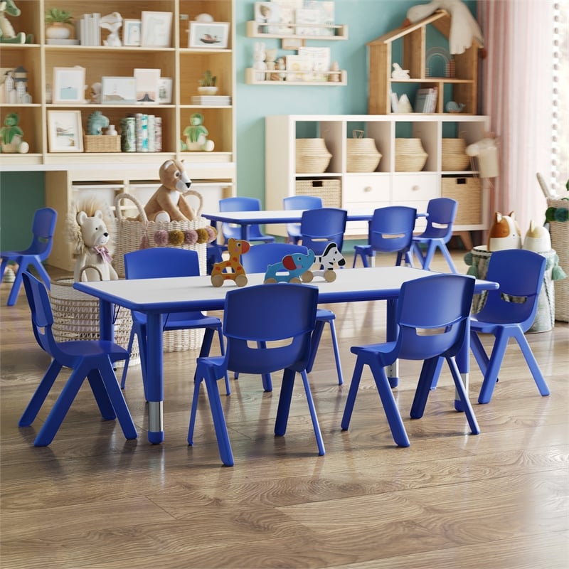 Maklaine Plastic Activity Table Set with 6 School Stacking Chairs in Blue