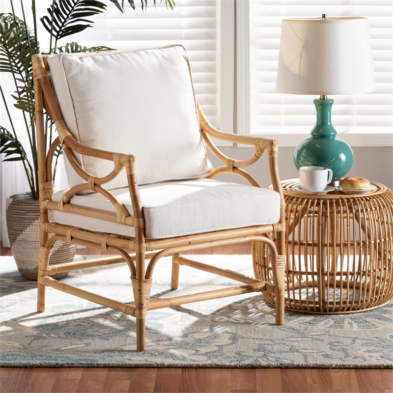 Maklaine White Fabric Upholstered and Natural Brown Rattan Armchair