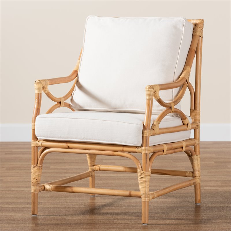 Maklaine White Fabric Upholstered and Natural Brown Rattan Armchair