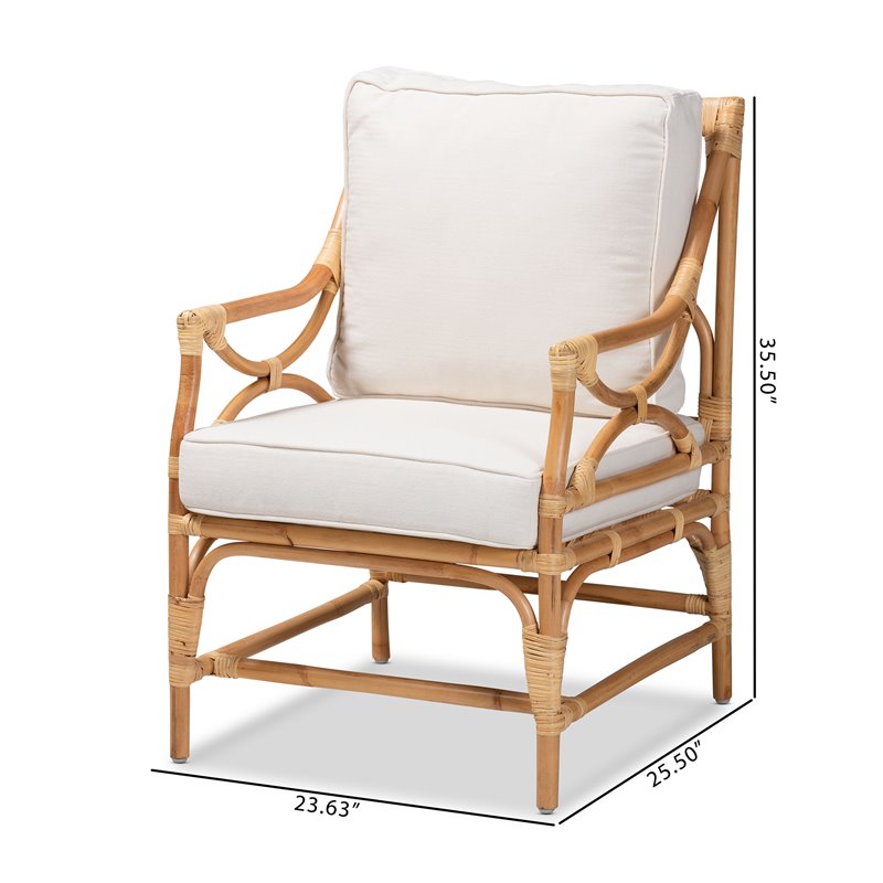 Maklaine White Fabric Upholstered and Natural Brown Rattan Armchair