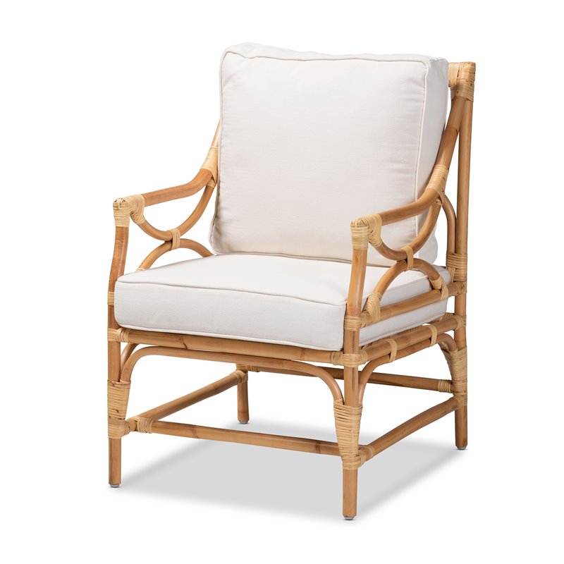Maklaine White Fabric Upholstered and Natural Brown Rattan Armchair