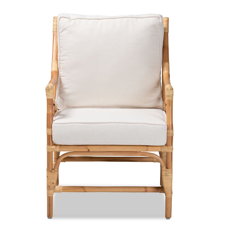 Maklaine White Fabric Upholstered and Natural Brown Rattan Armchair