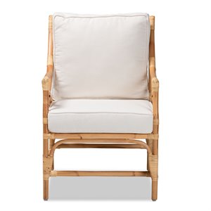 Maklaine White Fabric Upholstered and Natural Brown Rattan Armchair