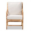 Maklaine White Fabric Upholstered and Natural Brown Rattan Armchair