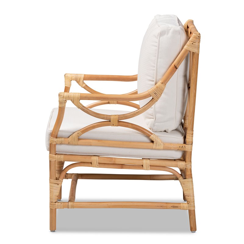 Maklaine White Fabric Upholstered and Natural Brown Rattan Armchair